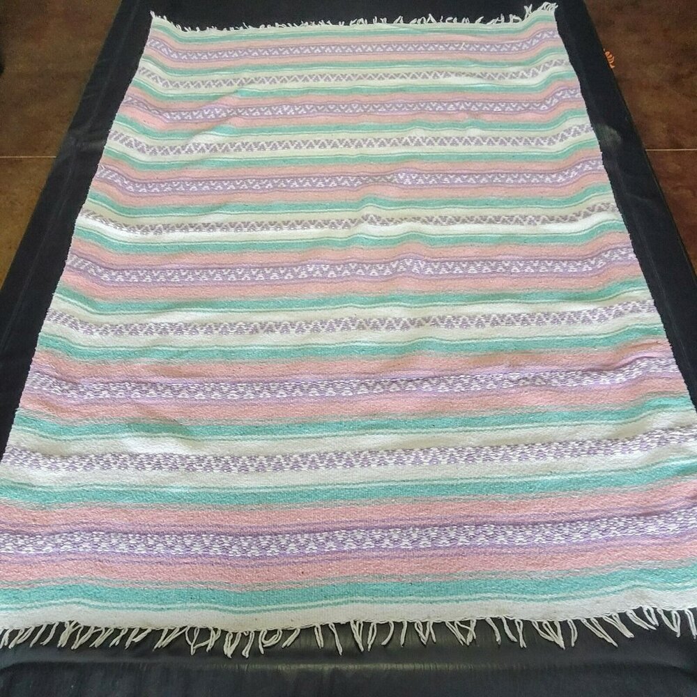 Throw Blanket‎ Southwestern Pastel Striped Tapestry Weave Fringe 49x65 Vtg